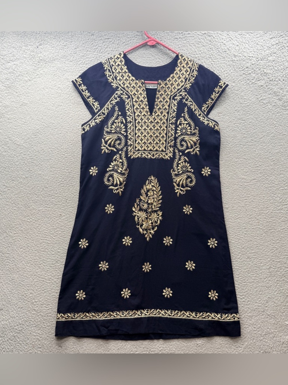 Roller Rabbit Faith Navy Gold Embroidered Cotton Mini Dress Split Neck Size S